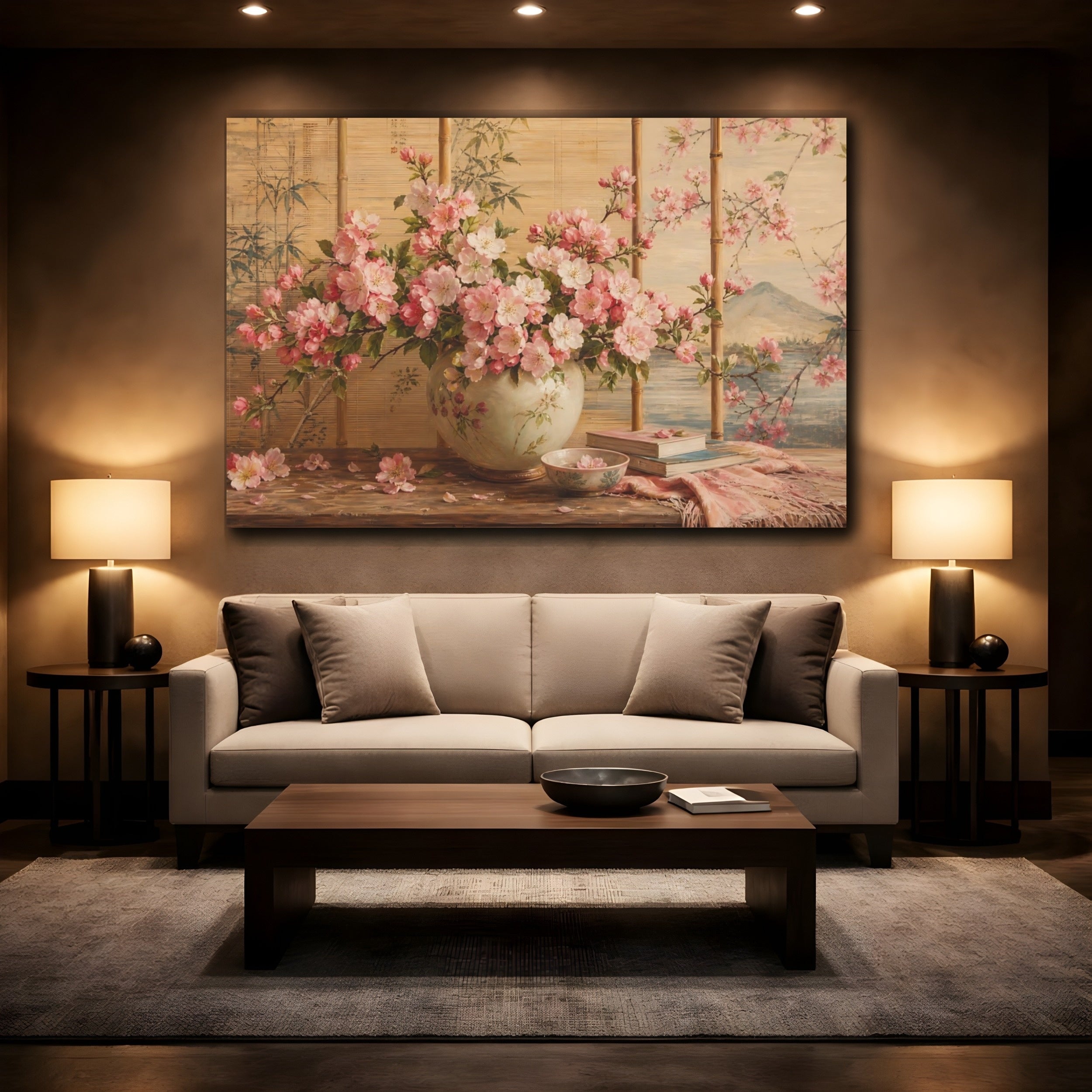 Mockup 2. Floral Cherry Blossoms Pink Floral shown as stretched canvas wall art