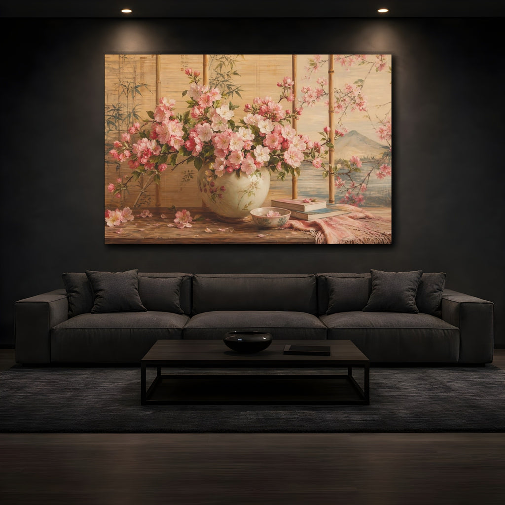 Mockup 3. Floral Cherry Blossoms Pink Floral shown as stretched canvas wall art