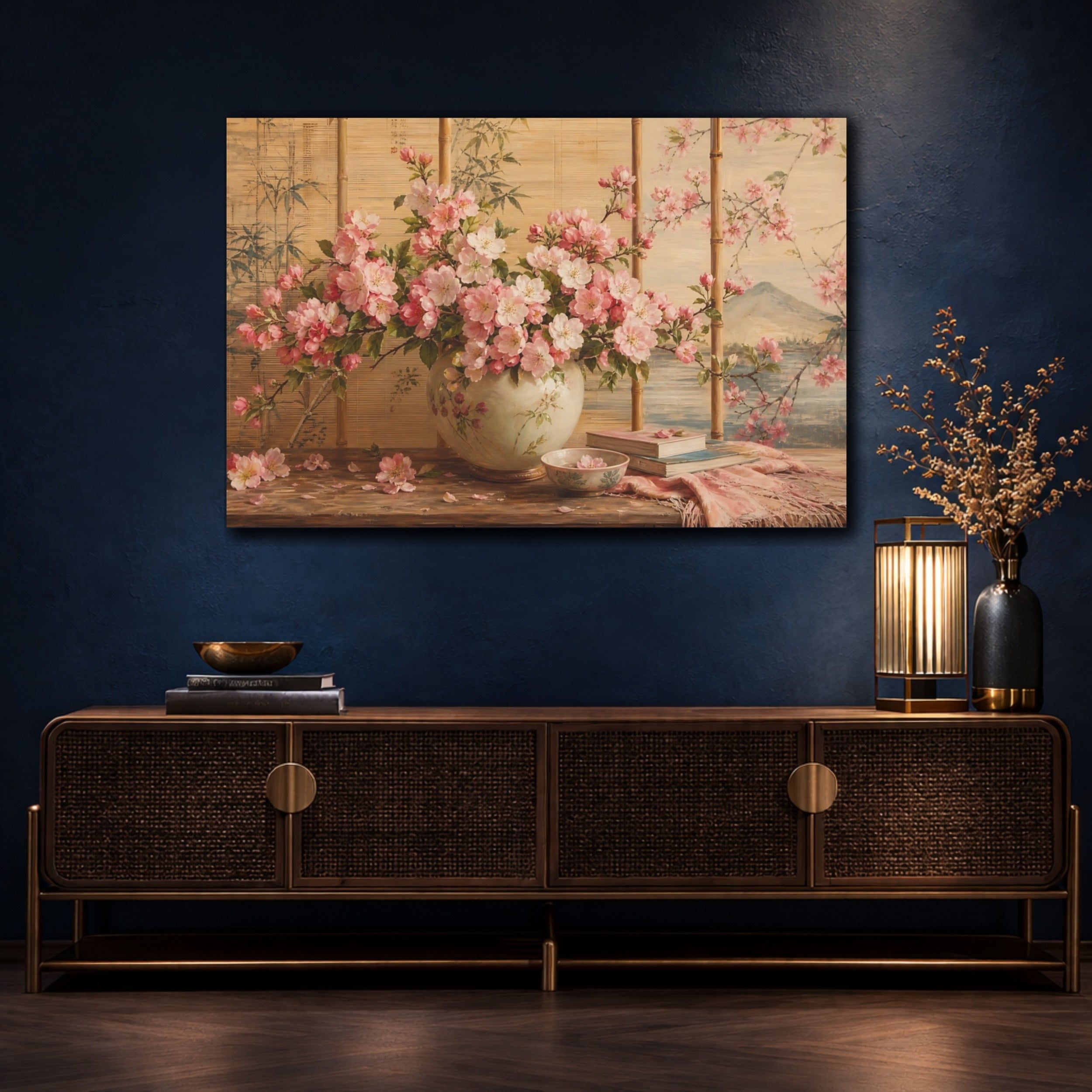 Mockup 4. Floral Cherry Blossoms Pink Floral shown as stretched canvas wall art