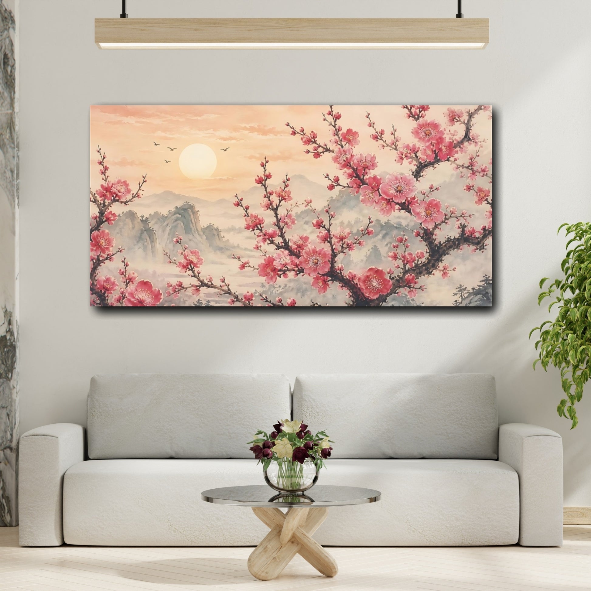 Mockup 2. Floral Cherry Blossoms Pink Floral Sunset shown as stretched canvas wall art