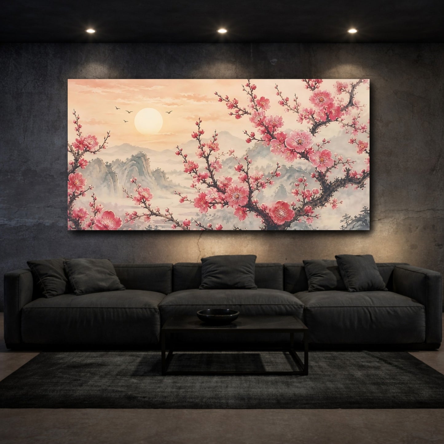 Mockup 3. Floral Cherry Blossoms Pink Floral Sunset shown as stretched canvas wall art