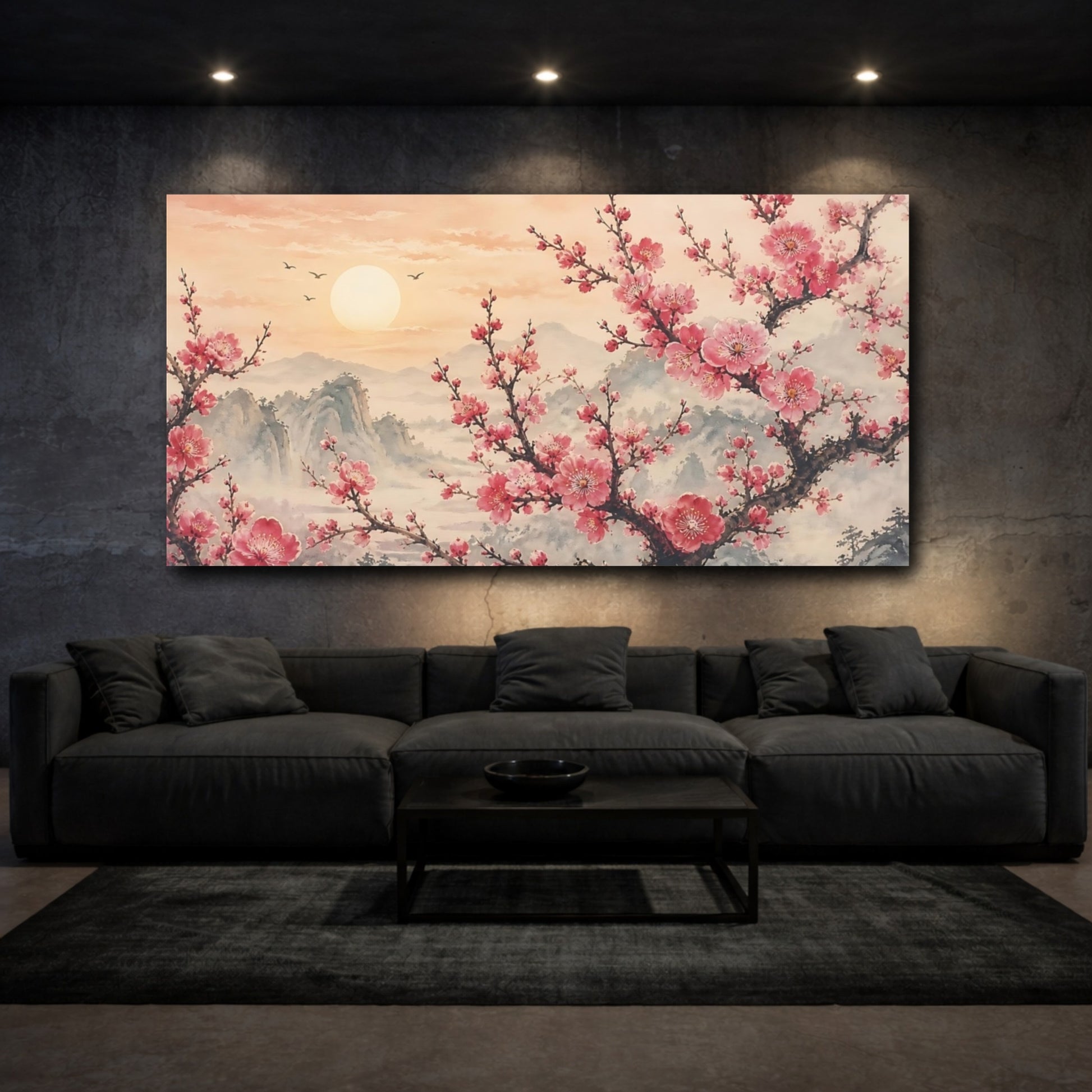 Mockup 3. Floral Cherry Blossoms Pink Floral Sunset shown as stretched canvas wall art