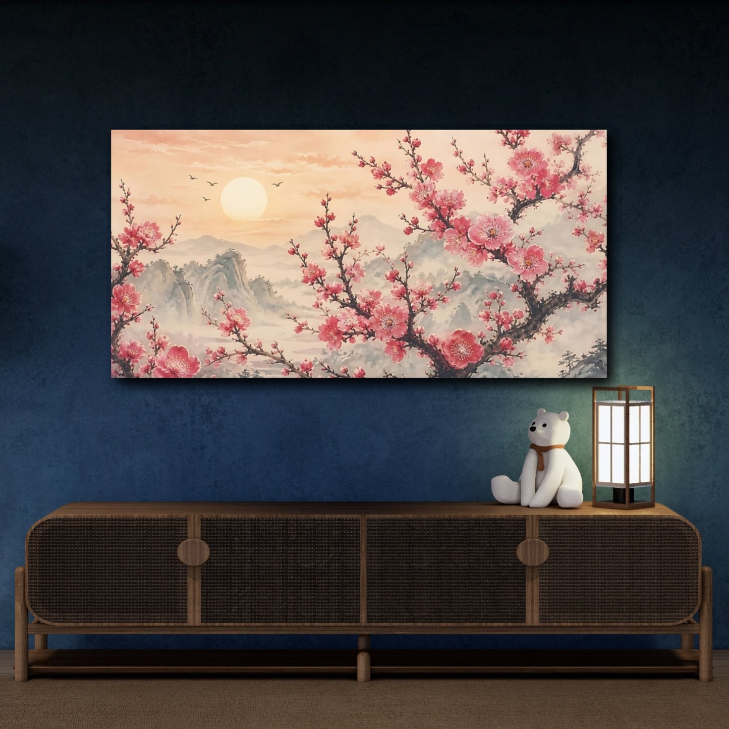 Mockup 4. Floral Cherry Blossoms Pink Floral Sunset shown as stretched canvas wall art