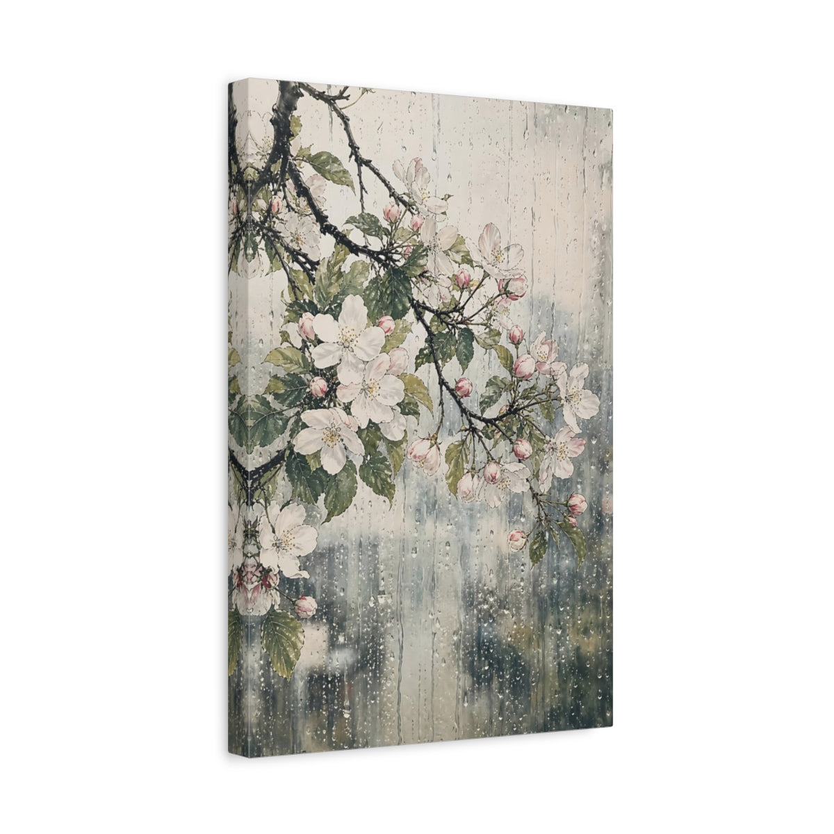 Side Mockup 4. Floral Cherry Blossoms Pink Floral Rain shown as stretched canvas wall art