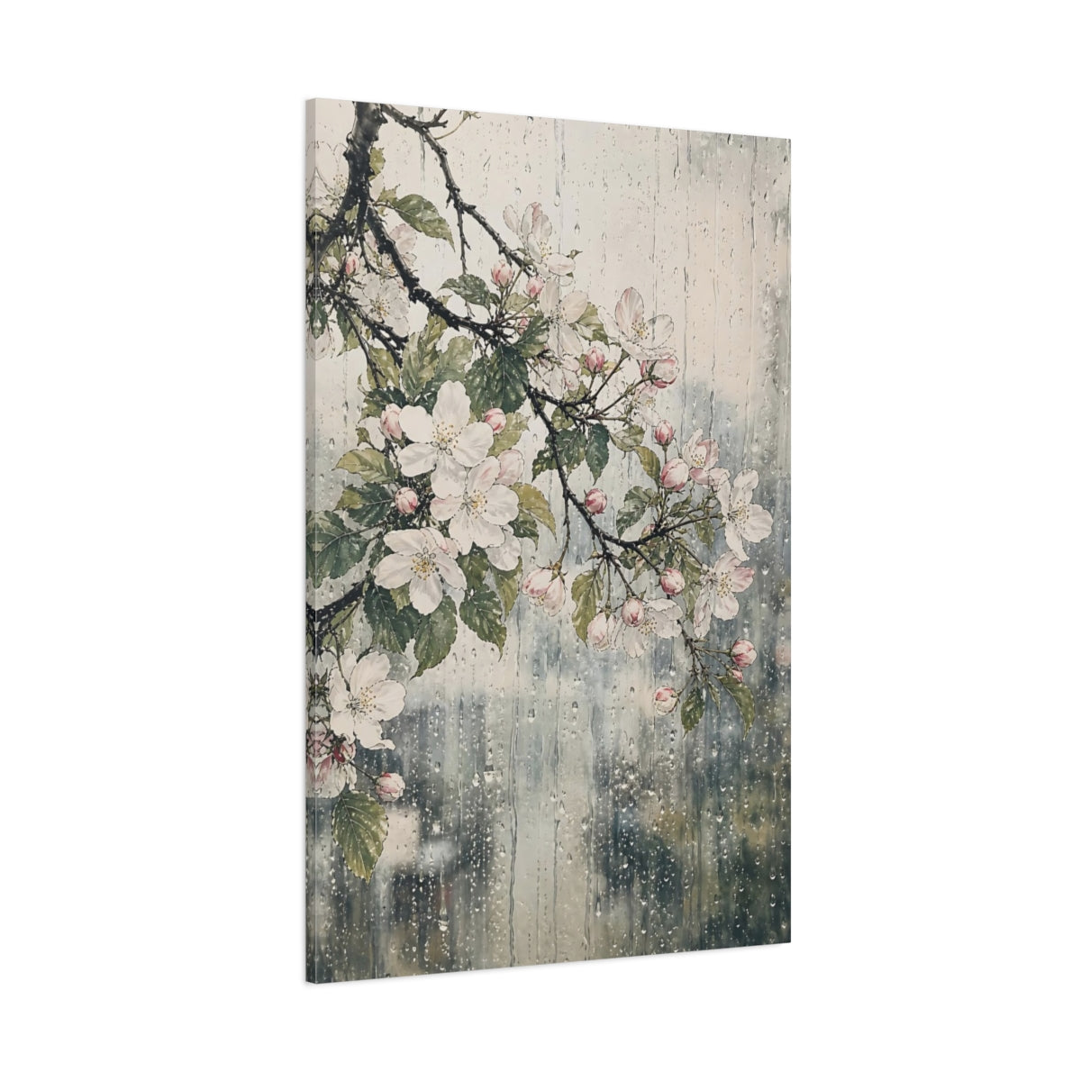 Side Mockup 1. Floral Cherry Blossoms Pink Floral Rain shown as stretched canvas wall art