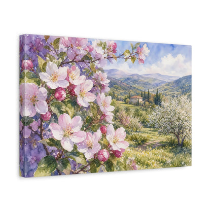 Side Mockup 4. Floral Cherry Blossoms Pink Spring Landscape shown as stretched canvas wall art
