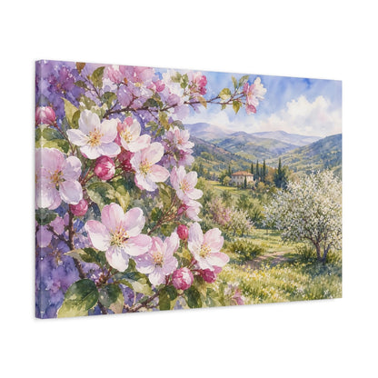 Side Mockup 2. Floral Cherry Blossoms Pink Spring Landscape shown as stretched canvas wall art