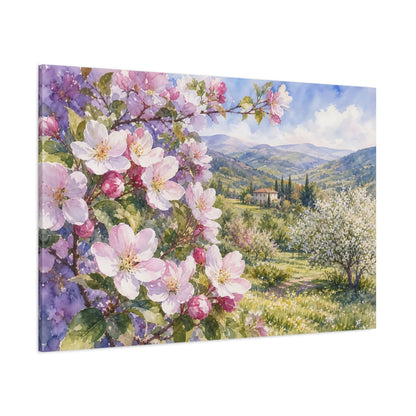 Side Mockup 1. Floral Cherry Blossoms Pink Spring Landscape shown as stretched canvas wall art