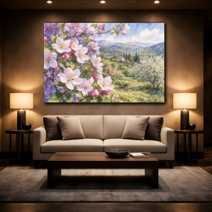Mockup 2. Floral Cherry Blossoms Pink Spring Landscape shown as stretched canvas wall art