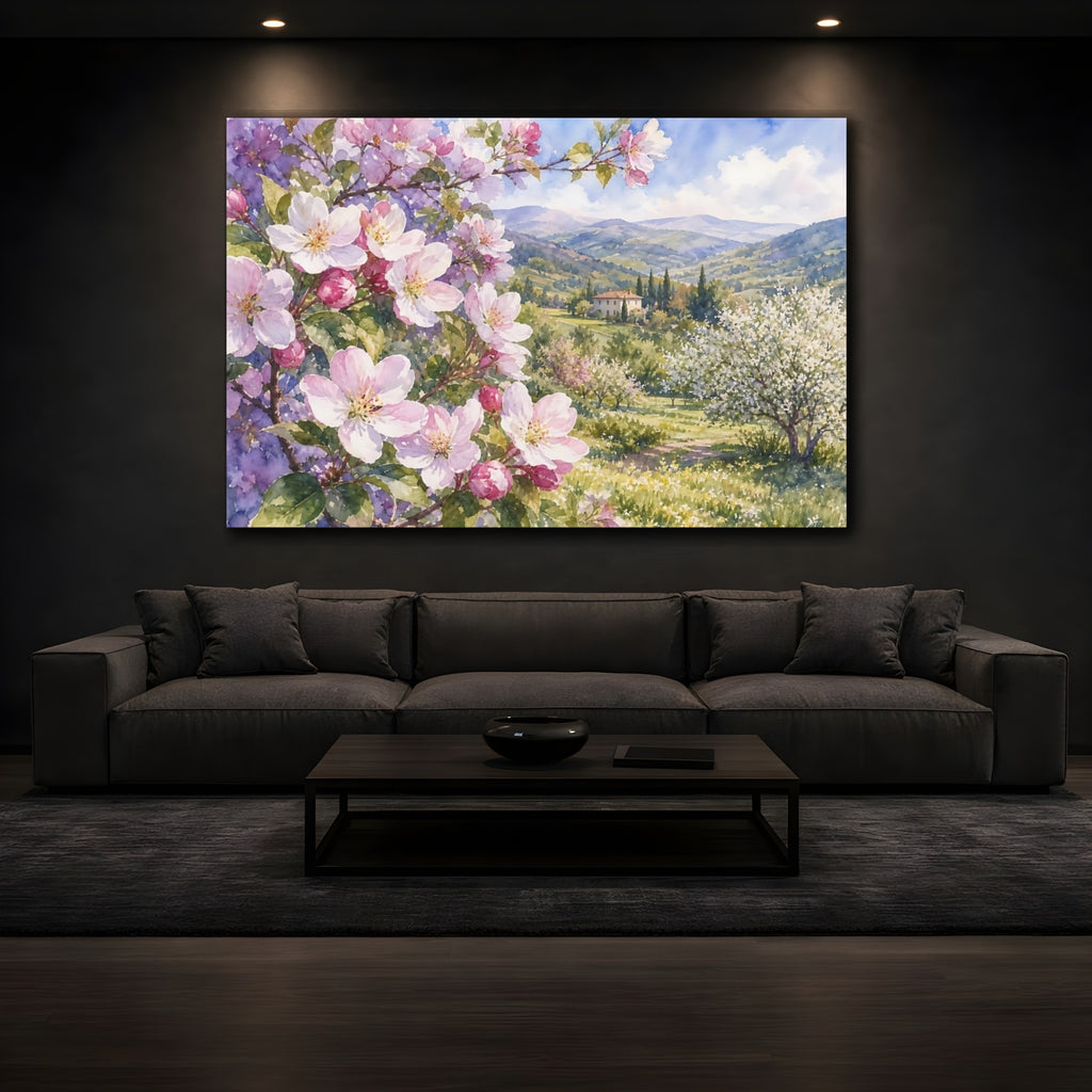 Mockup 3. Floral Cherry Blossoms Pink Spring Landscape shown as stretched canvas wall art