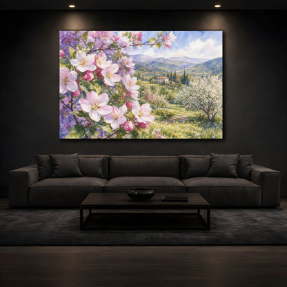 Mockup 3. Floral Cherry Blossoms Pink Spring Landscape shown as stretched canvas wall art
