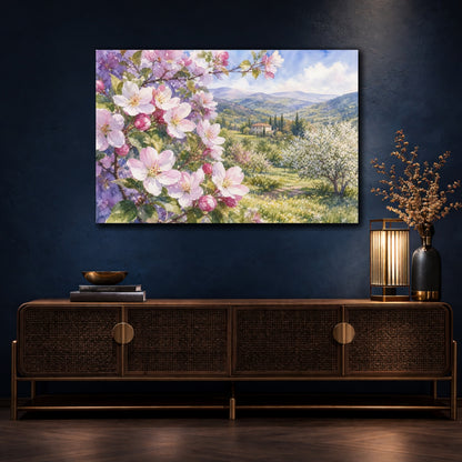 Mockup 4. Floral Cherry Blossoms Pink Spring Landscape shown as stretched canvas wall art