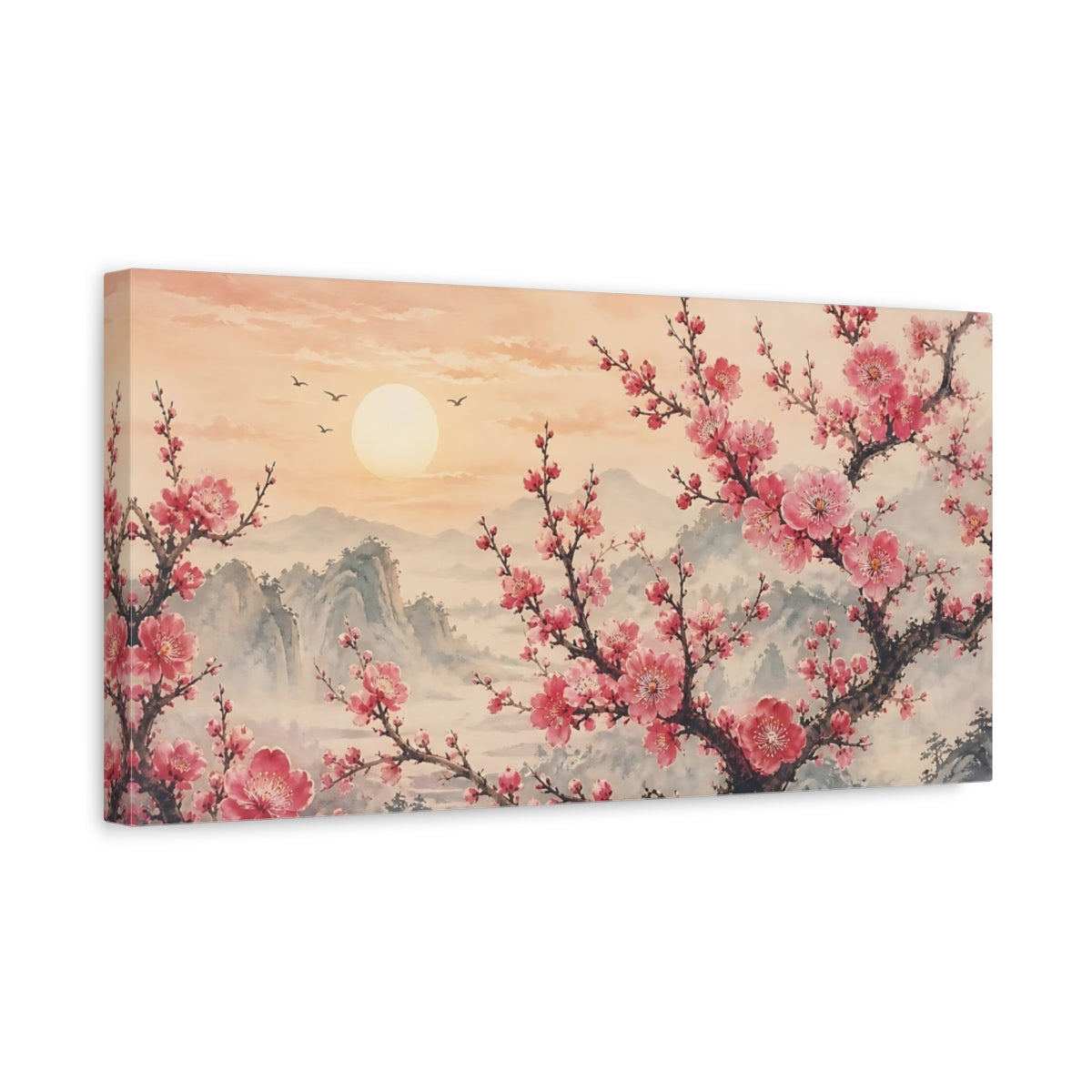 Side Mockup 3. Floral Cherry Blossoms Pink Floral Sunset shown as stretched canvas wall art