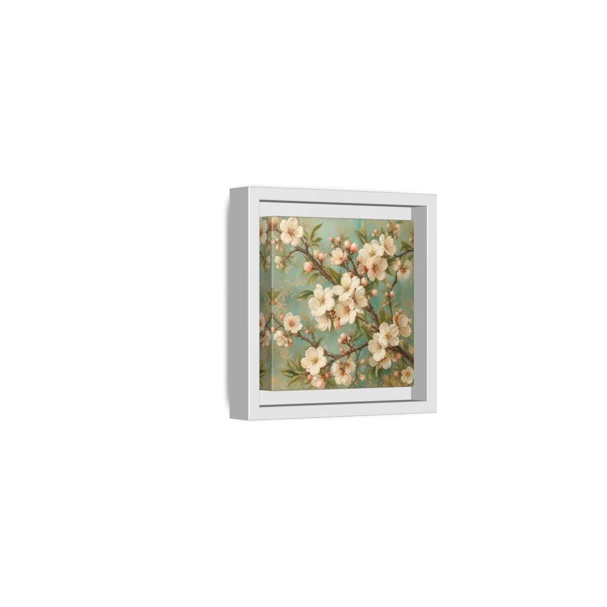 Side Mockup 22. Floral Cherry Blossoms Cherry Blossom Teal shown as stretched canvas wall art