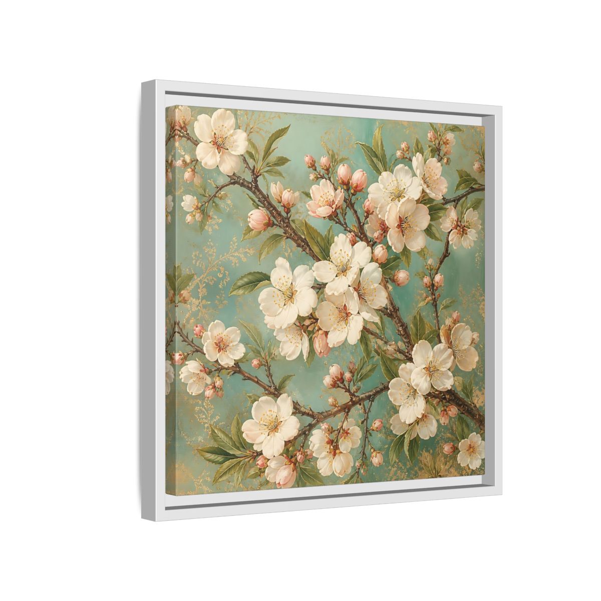 Side Mockup 13. Floral Cherry Blossoms Cherry Blossom Teal shown as stretched canvas wall art