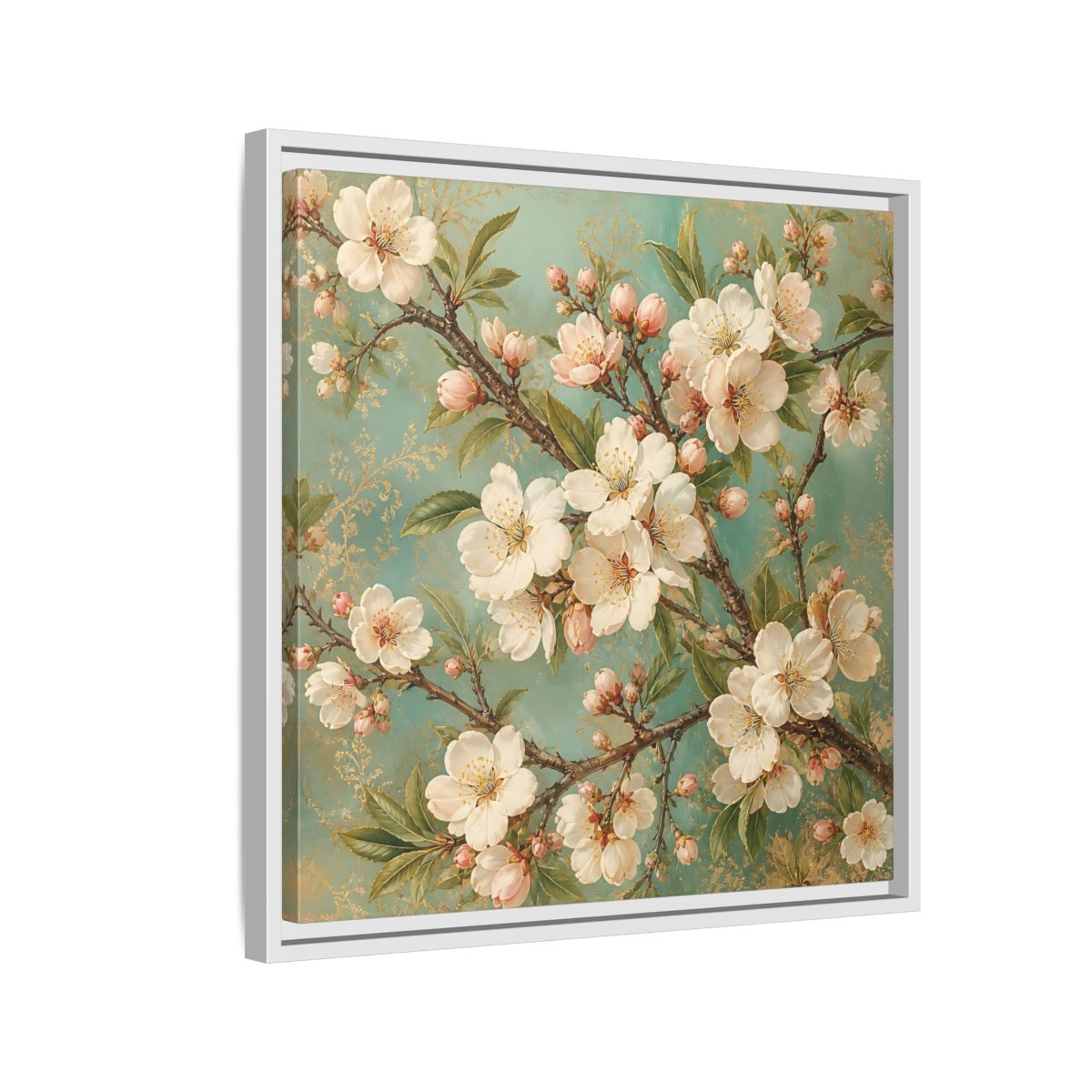 Side Mockup 10. Floral Cherry Blossoms Cherry Blossom Teal shown as stretched canvas wall art
