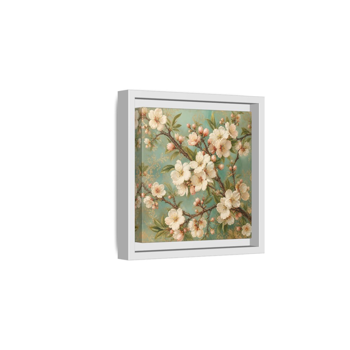 Side Mockup 1. Floral Cherry Blossoms Cherry Blossom Teal shown as stretched canvas wall art
