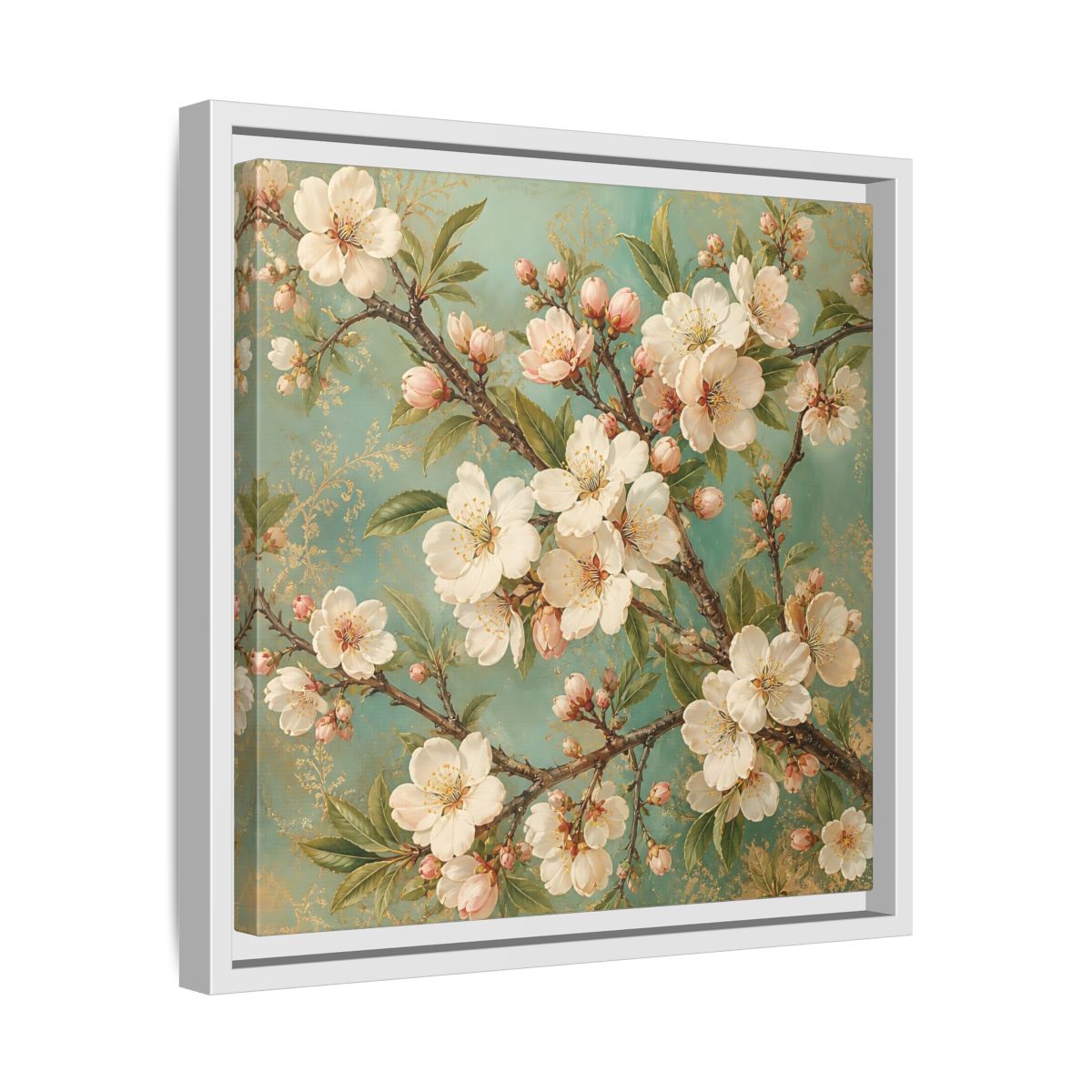 Side Mockup 28. Floral Cherry Blossoms Cherry Blossom Teal shown as stretched canvas wall art