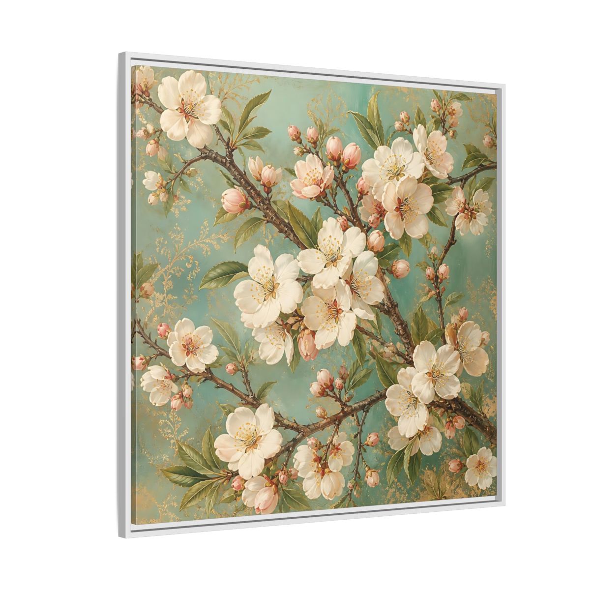 Side Mockup 4. Floral Cherry Blossoms Cherry Blossom Teal shown as stretched canvas wall art