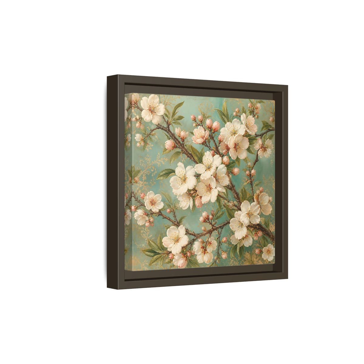 Side Mockup 20. Floral Cherry Blossoms Cherry Blossom Teal shown as stretched canvas wall art
