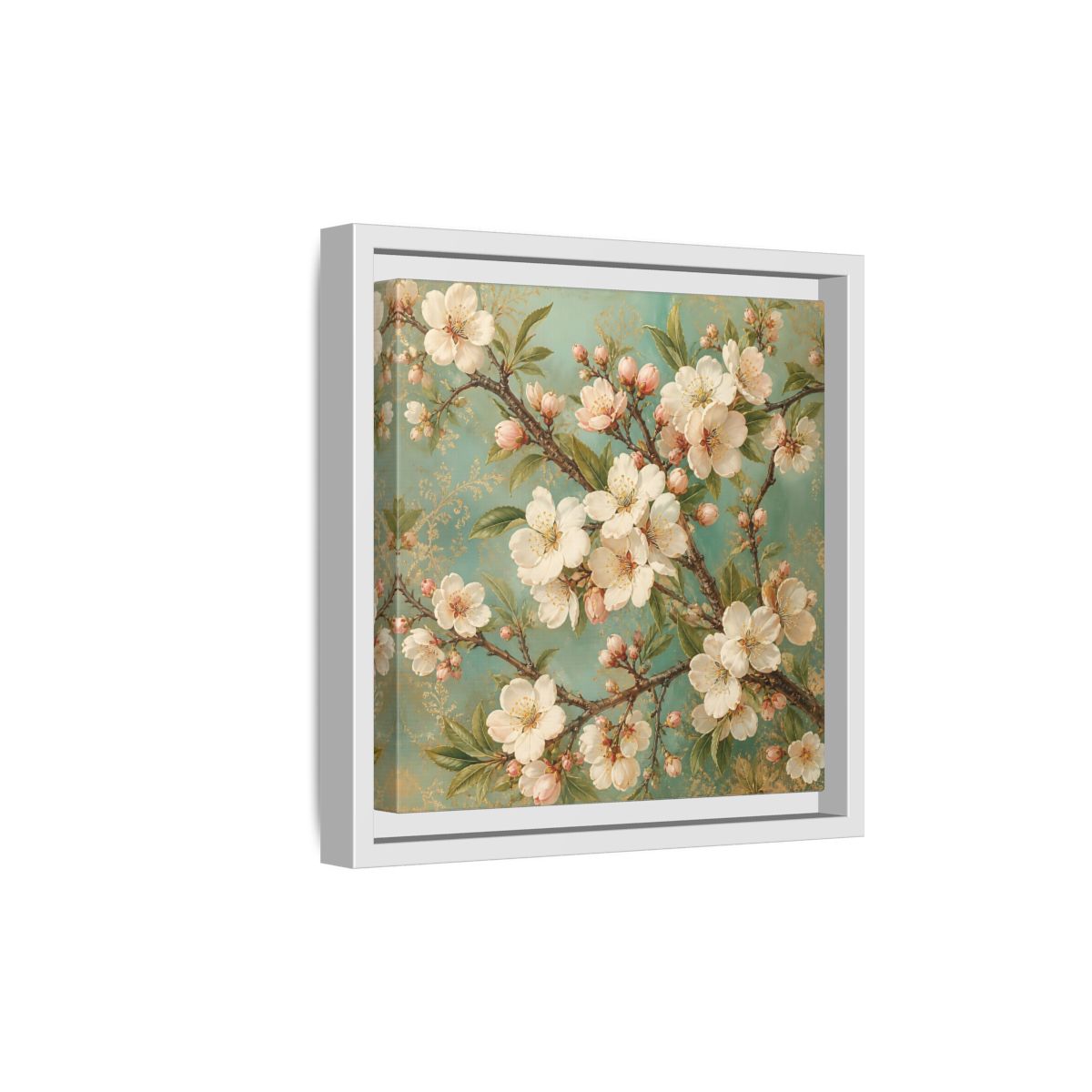Side Mockup 19. Floral Cherry Blossoms Cherry Blossom Teal shown as stretched canvas wall art