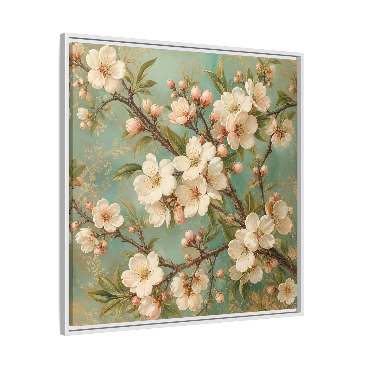 Side Mockup 25. Floral Cherry Blossoms Cherry Blossom Teal shown as stretched canvas wall art