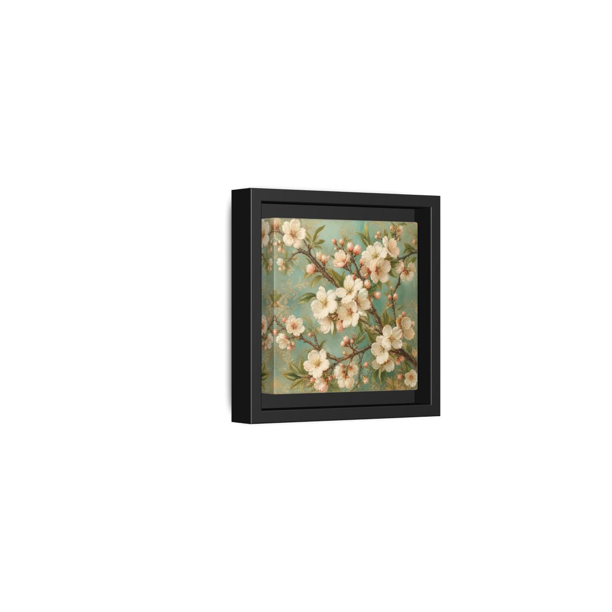 Side Mockup 24. Floral Cherry Blossoms Cherry Blossom Teal shown as stretched canvas wall art
