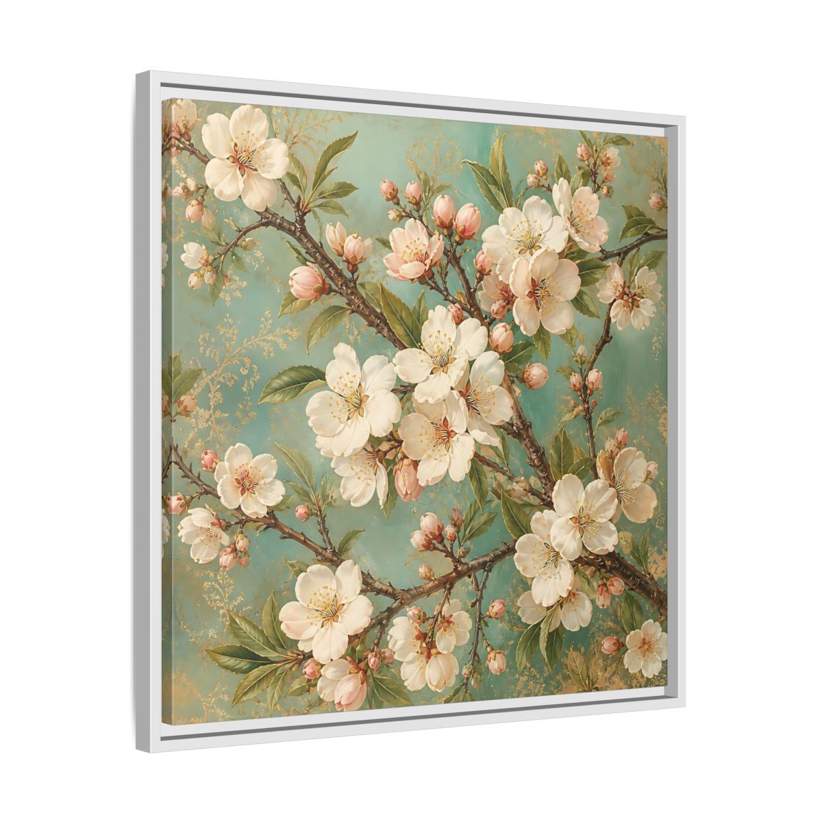 Side Mockup 26. Floral Cherry Blossoms Cherry Blossom Teal shown as stretched canvas wall art