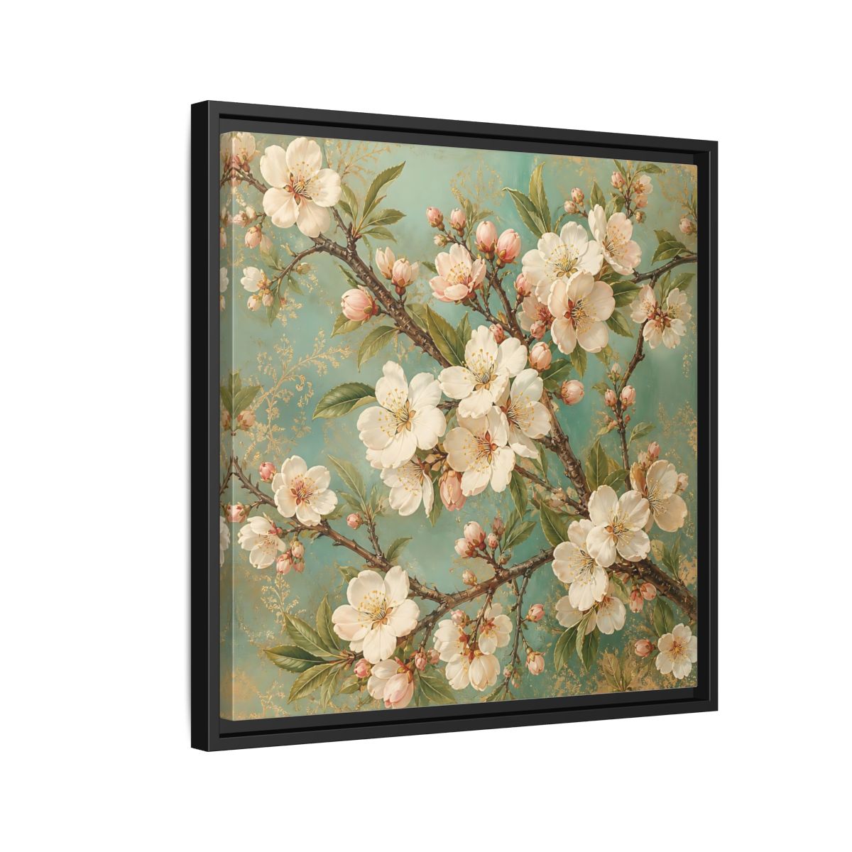 Side Mockup 12. Floral Cherry Blossoms Cherry Blossom Teal shown as stretched canvas wall art