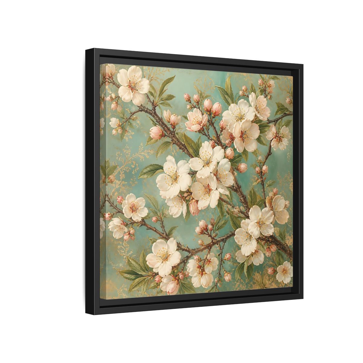 Side Mockup 15. Floral Cherry Blossoms Cherry Blossom Teal shown as stretched canvas wall art