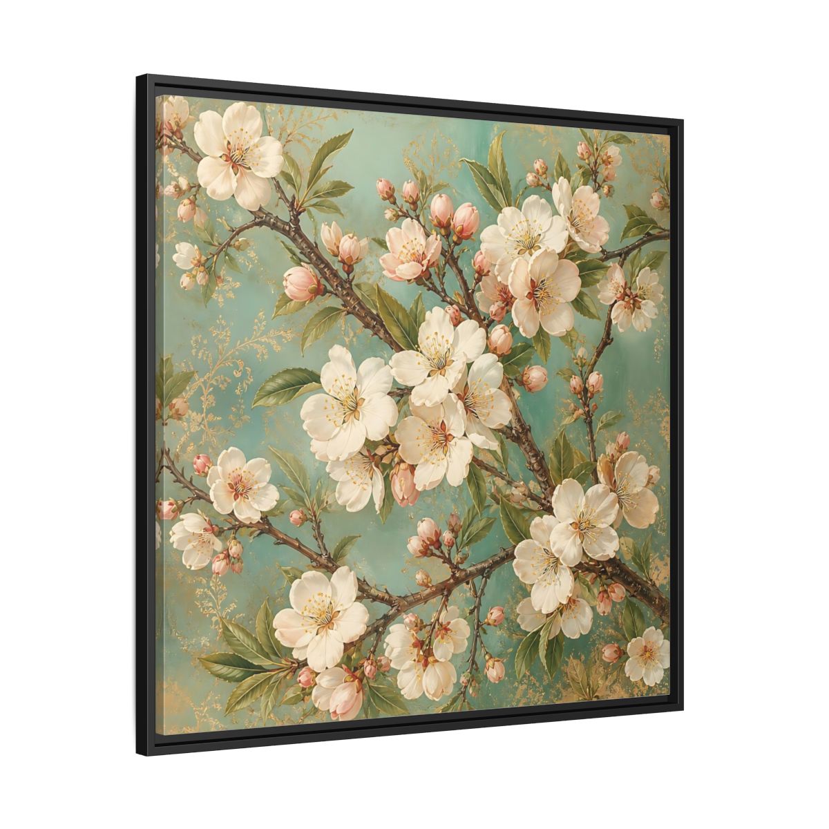 Side Mockup 30. Floral Cherry Blossoms Cherry Blossom Teal shown as stretched canvas wall art