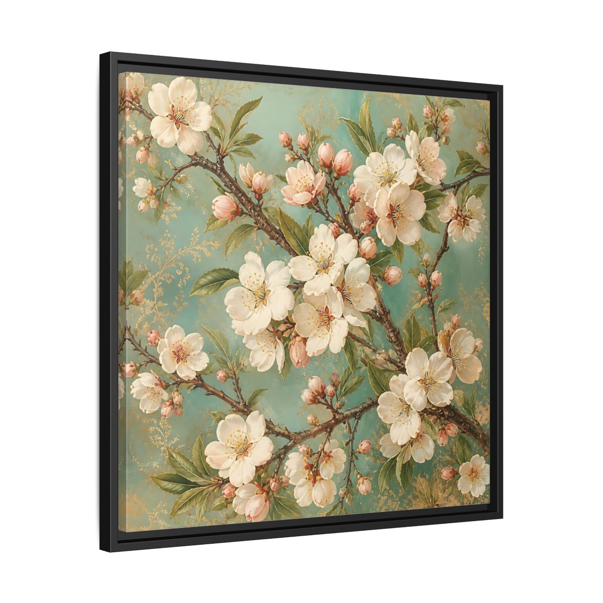 Side Mockup 31. Floral Cherry Blossoms Cherry Blossom Teal shown as stretched canvas wall art