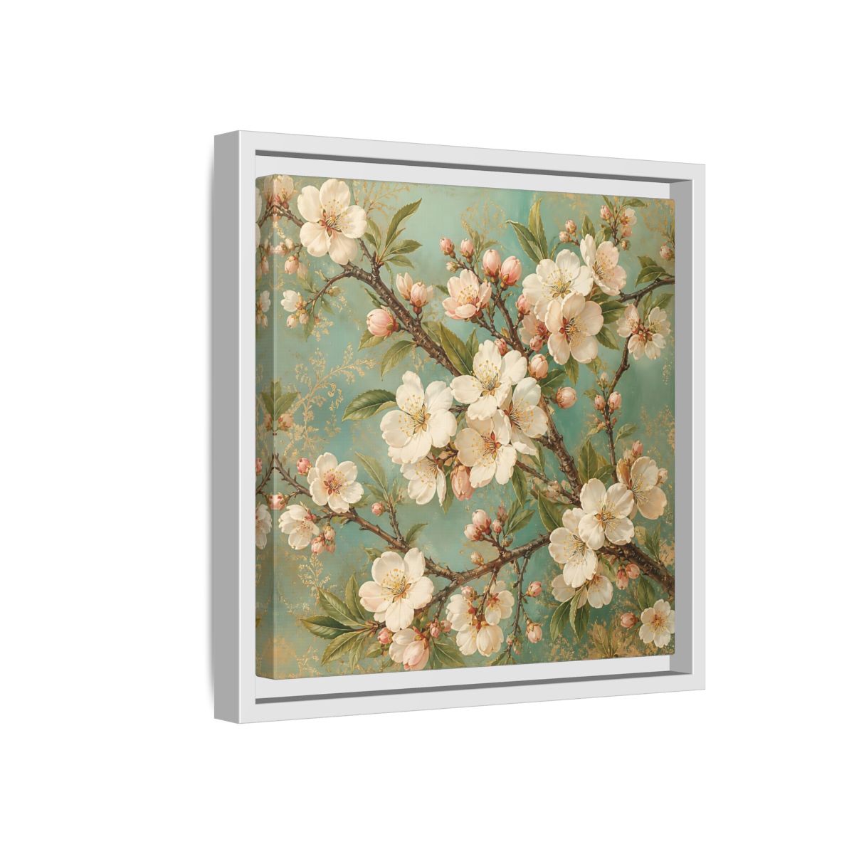 Side Mockup 16. Floral Cherry Blossoms Cherry Blossom Teal shown as stretched canvas wall art