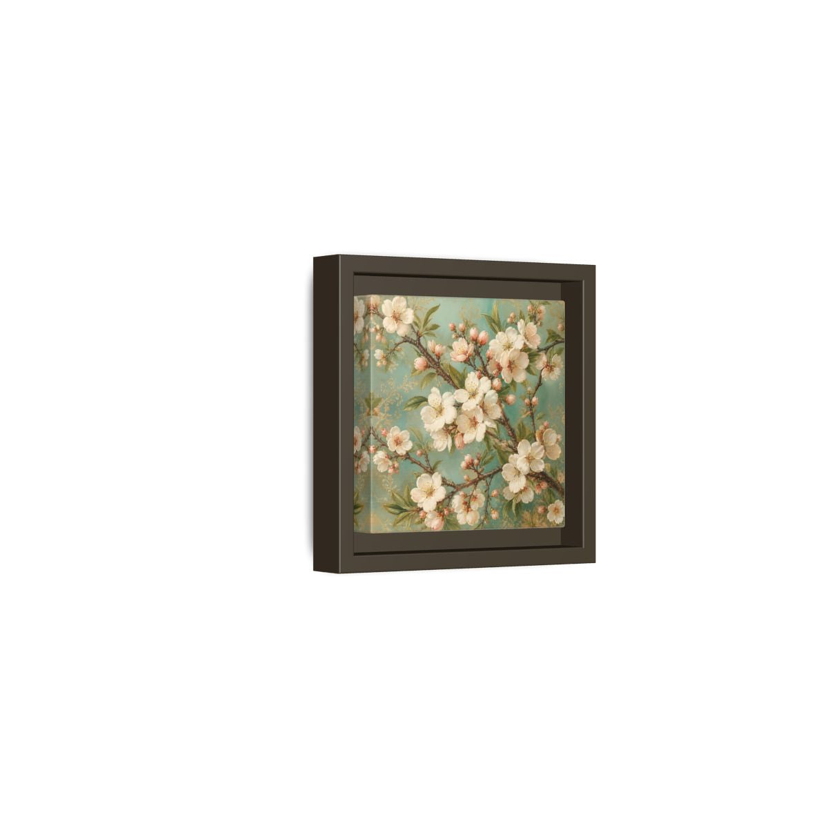 Side Mockup 23. Floral Cherry Blossoms Cherry Blossom Teal shown as stretched canvas wall art