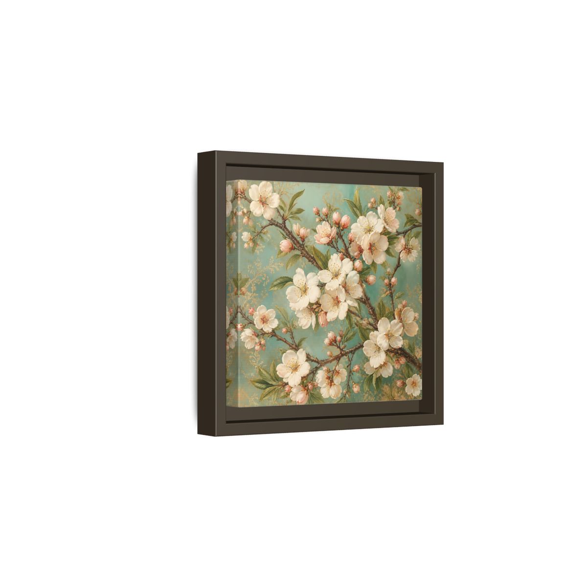 Side Mockup 2. Floral Cherry Blossoms Cherry Blossom Teal shown as stretched canvas wall art