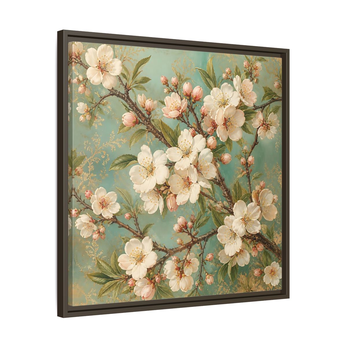 Side Mockup 27. Floral Cherry Blossoms Cherry Blossom Teal shown as stretched canvas wall art