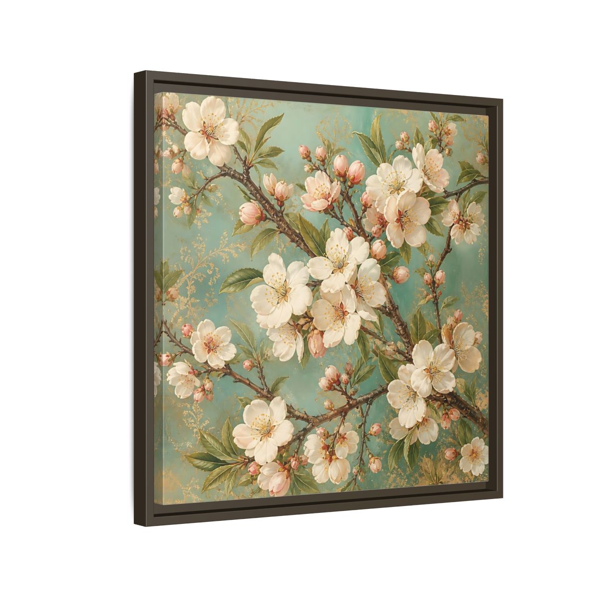 Side Mockup 11. Floral Cherry Blossoms Cherry Blossom Teal shown as stretched canvas wall art