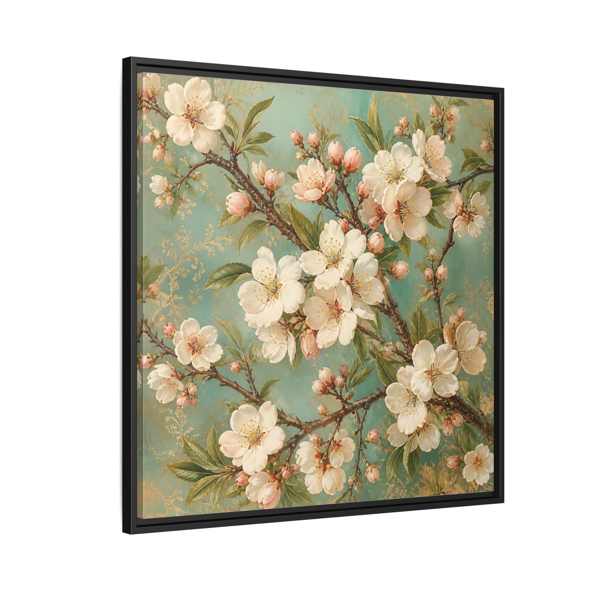 Side Mockup 9. Floral Cherry Blossoms Cherry Blossom Teal shown as stretched canvas wall art