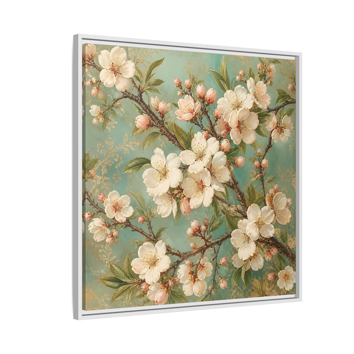 Side Mockup 7. Floral Cherry Blossoms Cherry Blossom Teal shown as stretched canvas wall art