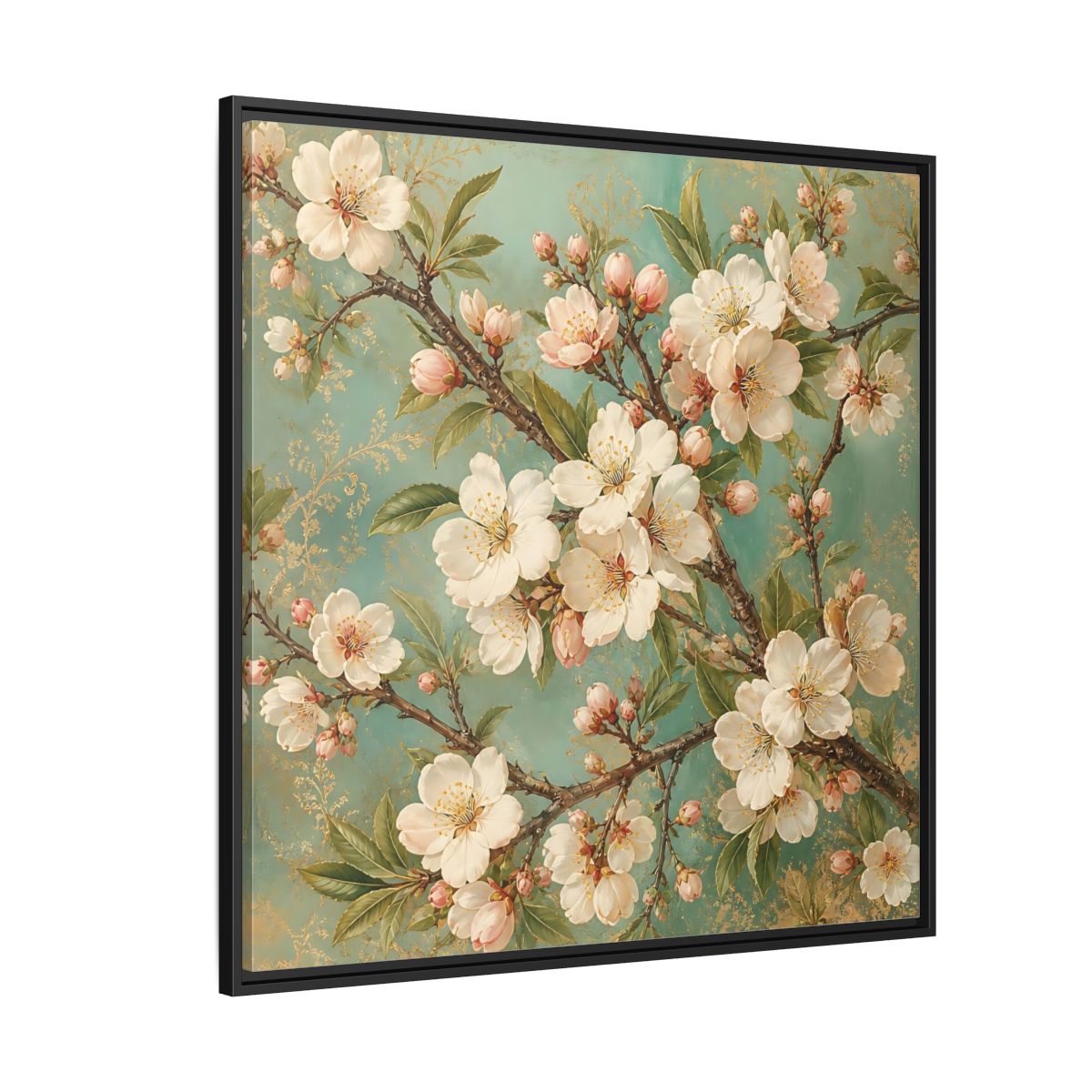 Side Mockup 6. Floral Cherry Blossoms Cherry Blossom Teal shown as stretched canvas wall art
