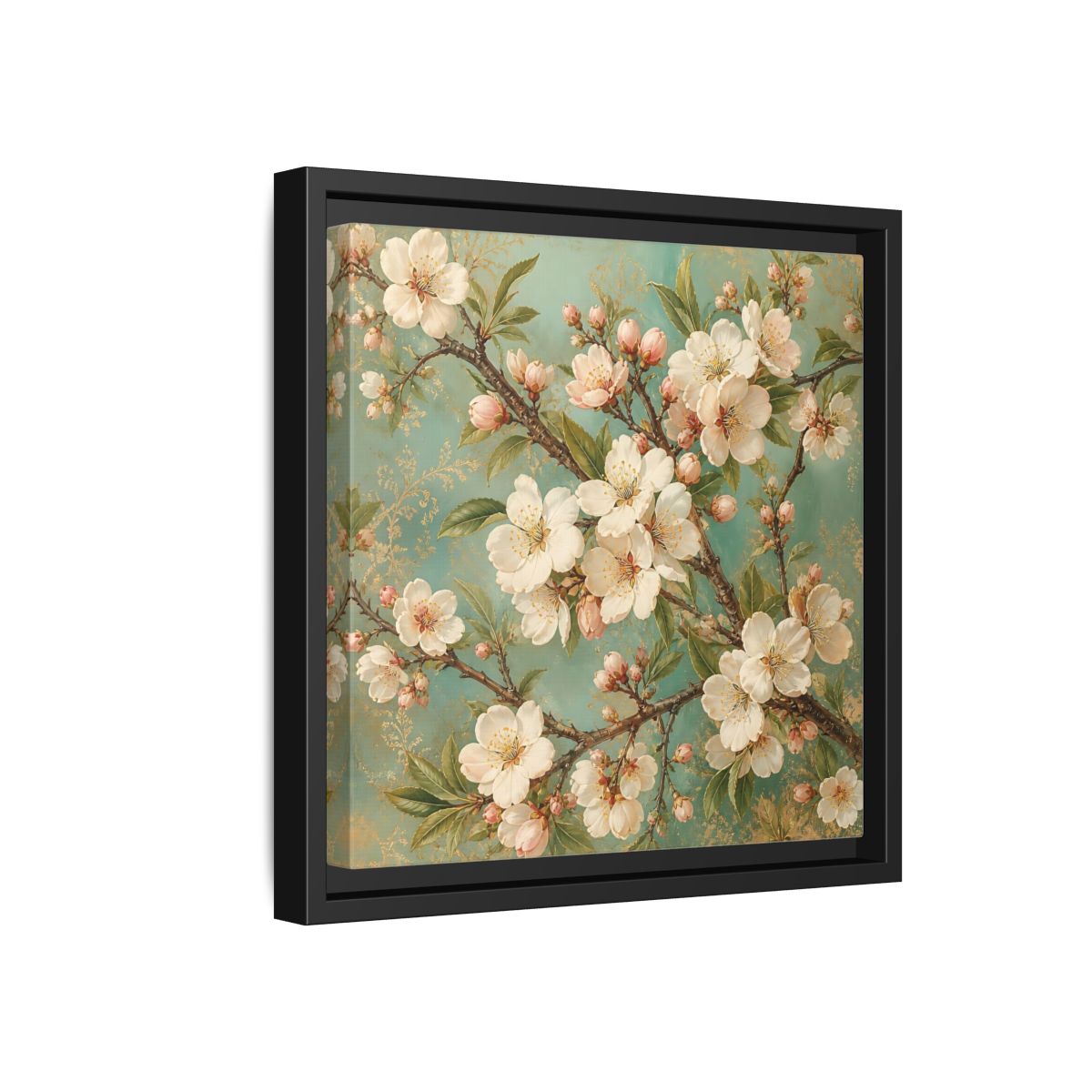 Side Mockup 18. Floral Cherry Blossoms Cherry Blossom Teal shown as stretched canvas wall art
