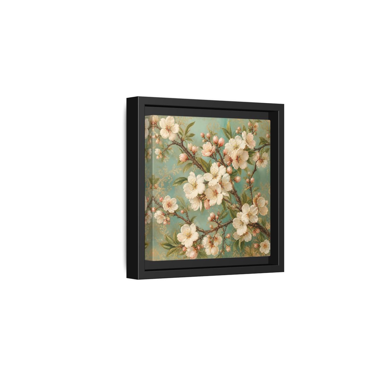 Side Mockup 3. Floral Cherry Blossoms Cherry Blossom Teal shown as stretched canvas wall art