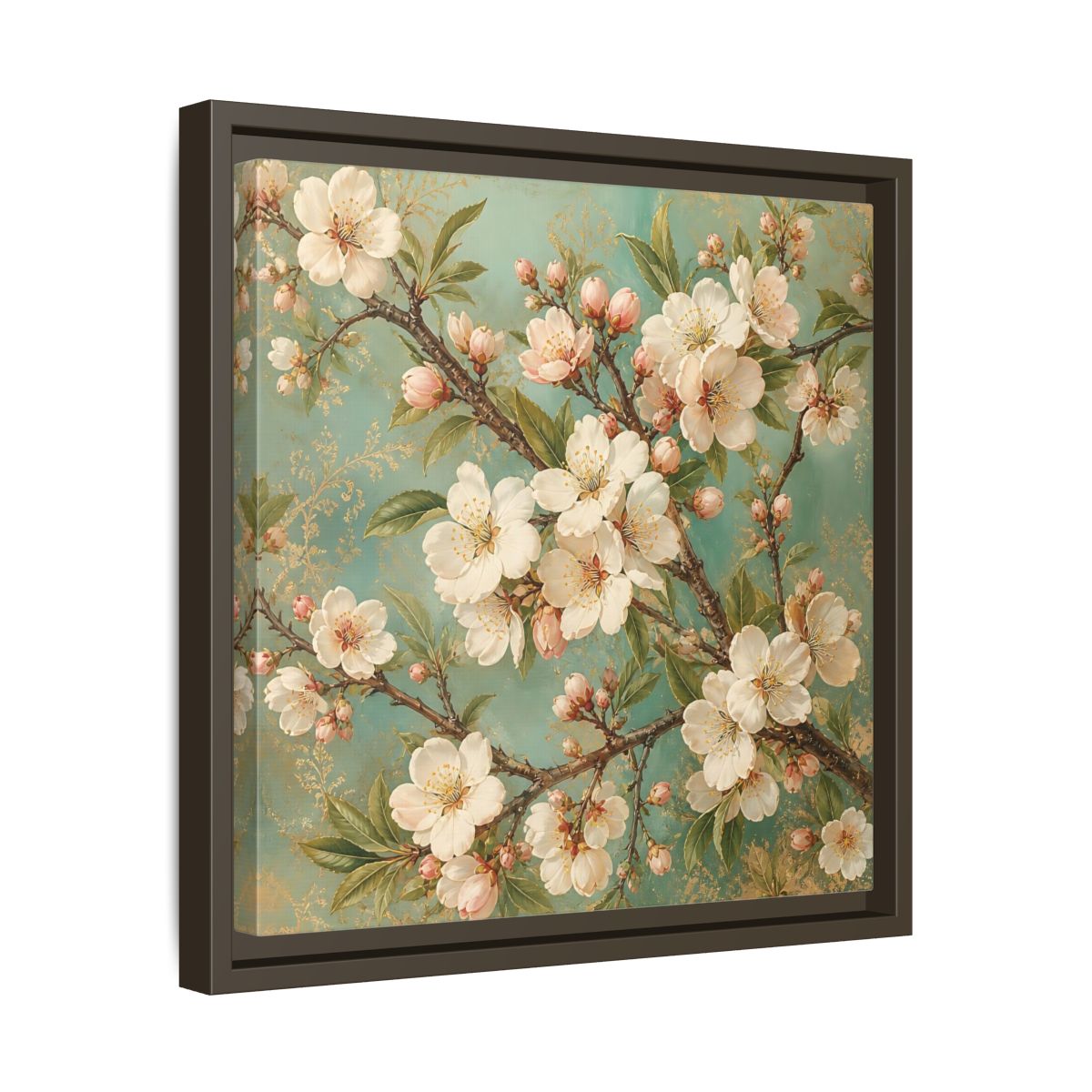 Side Mockup 29. Floral Cherry Blossoms Cherry Blossom Teal shown as stretched canvas wall art