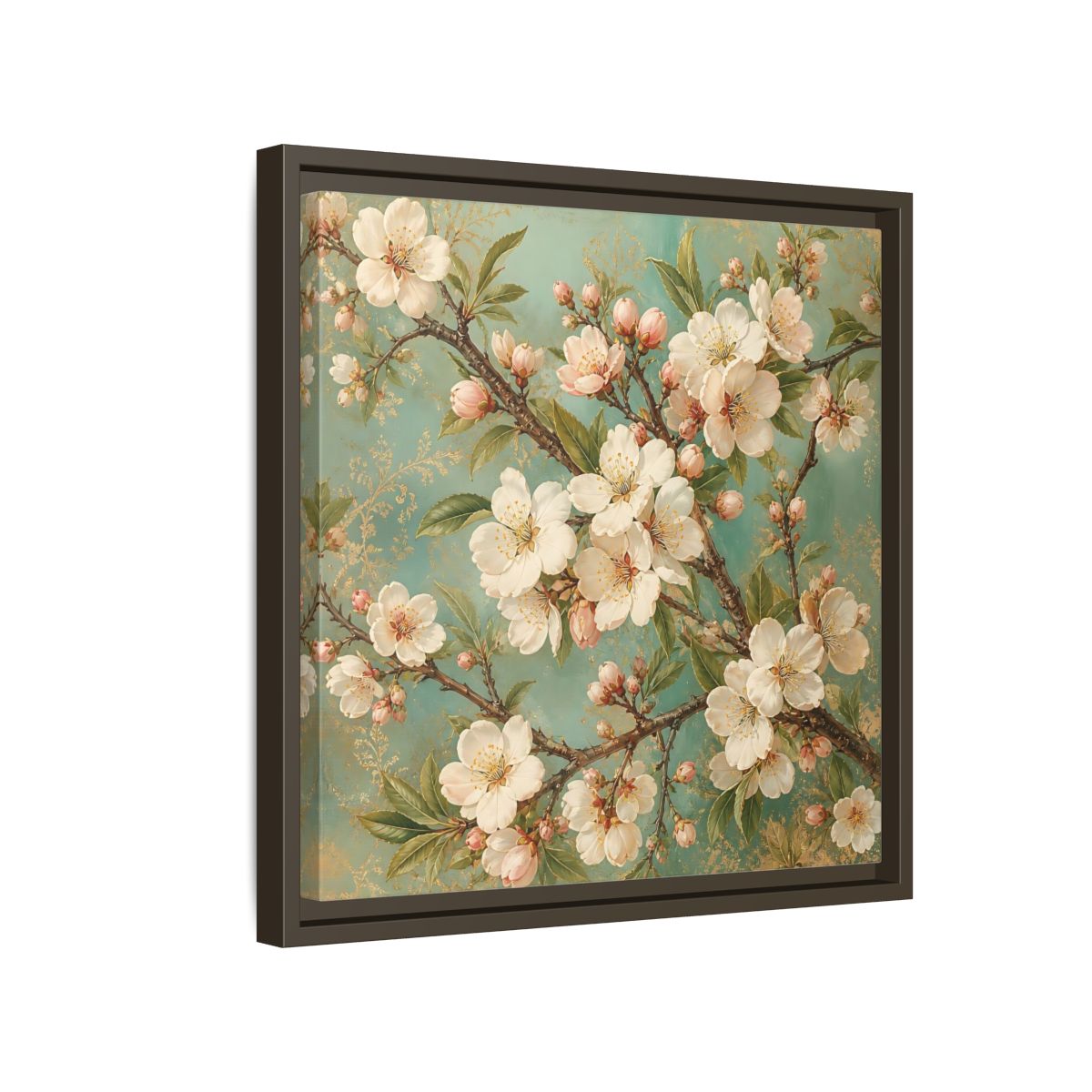 Side Mockup 14. Floral Cherry Blossoms Cherry Blossom Teal shown as stretched canvas wall art