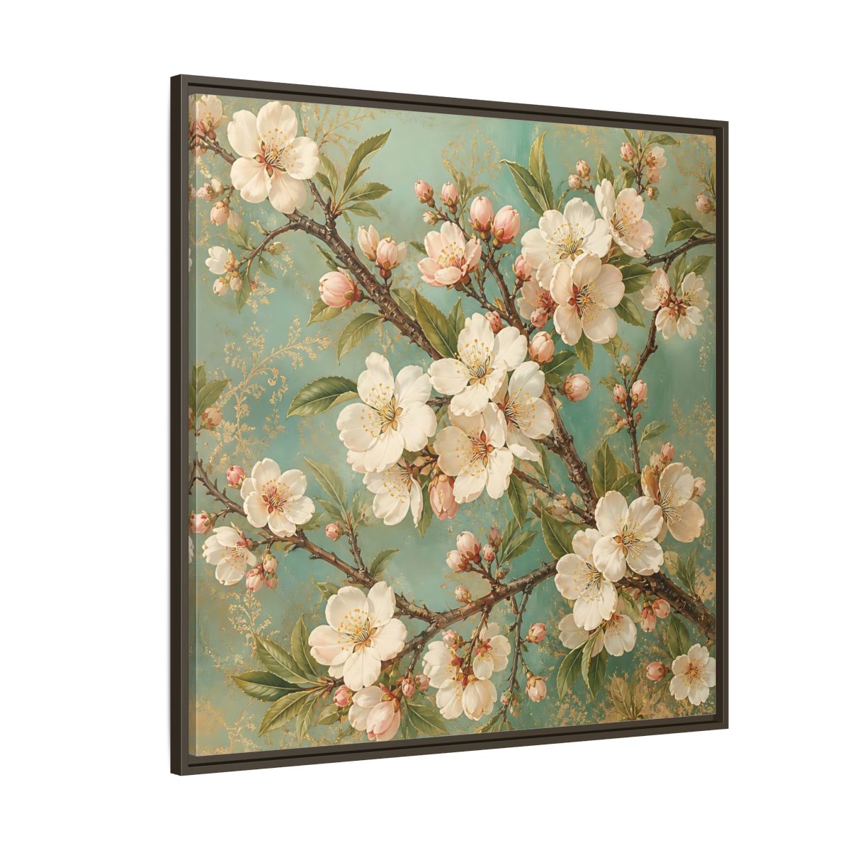 Side Mockup 5. Floral Cherry Blossoms Cherry Blossom Teal shown as stretched canvas wall art