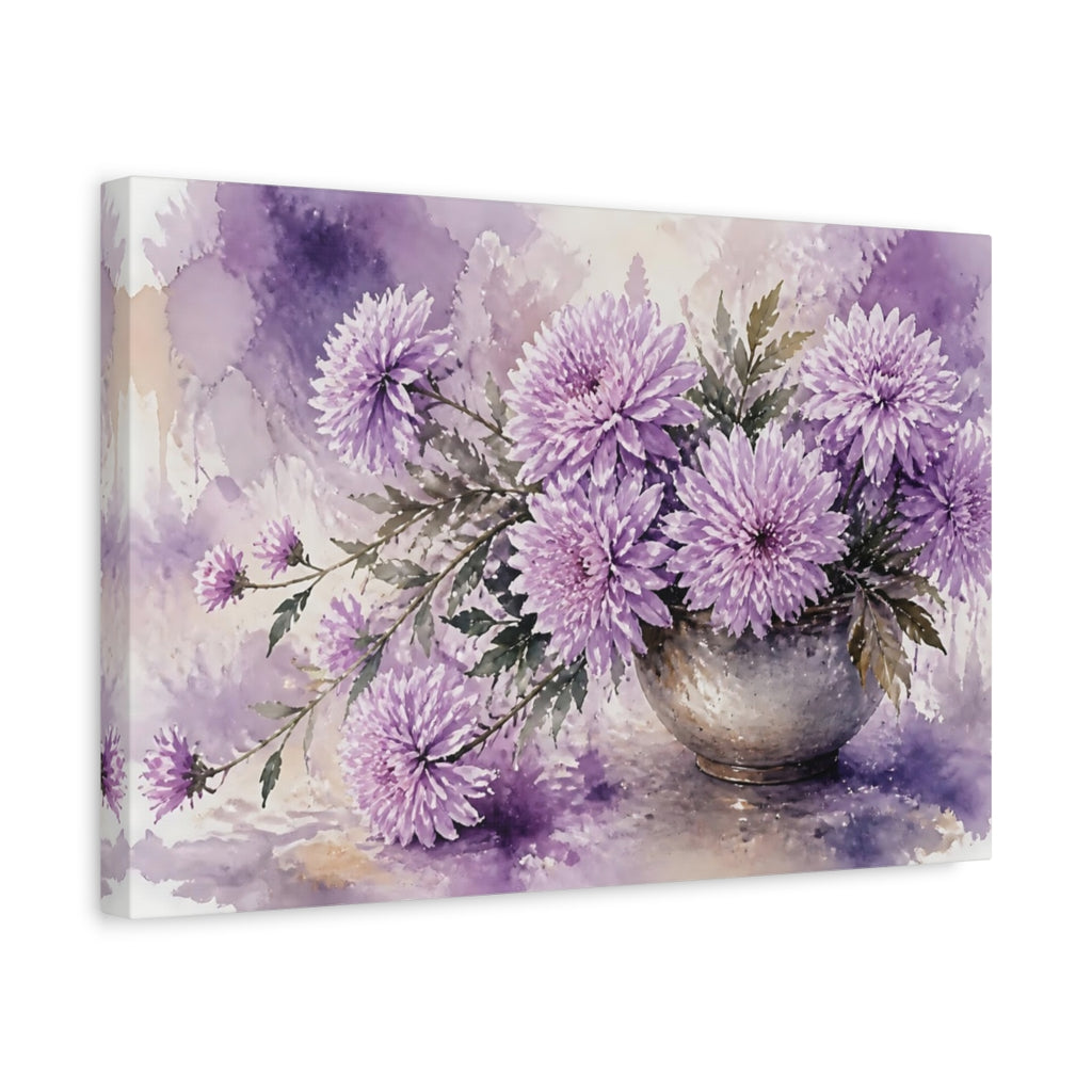 Side Mockup 4. Floral Chrysanthemum Flowers Purple Floral shown as stretched canvas wall art