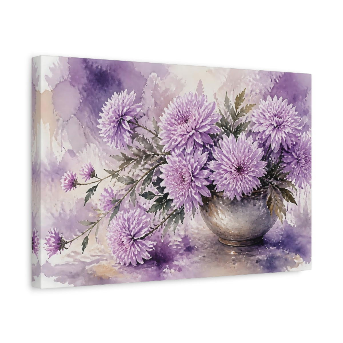 Side Mockup 4. Floral Chrysanthemum Flowers Purple Floral shown as stretched canvas wall art