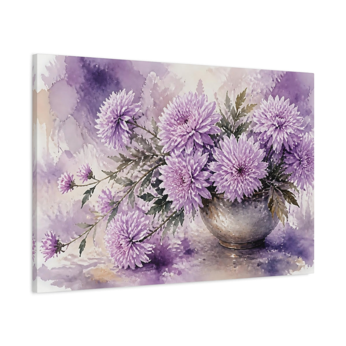 Main Mockup. Floral Chrysanthemum Flowers Purple Floral shown as stretched canvas wall art
