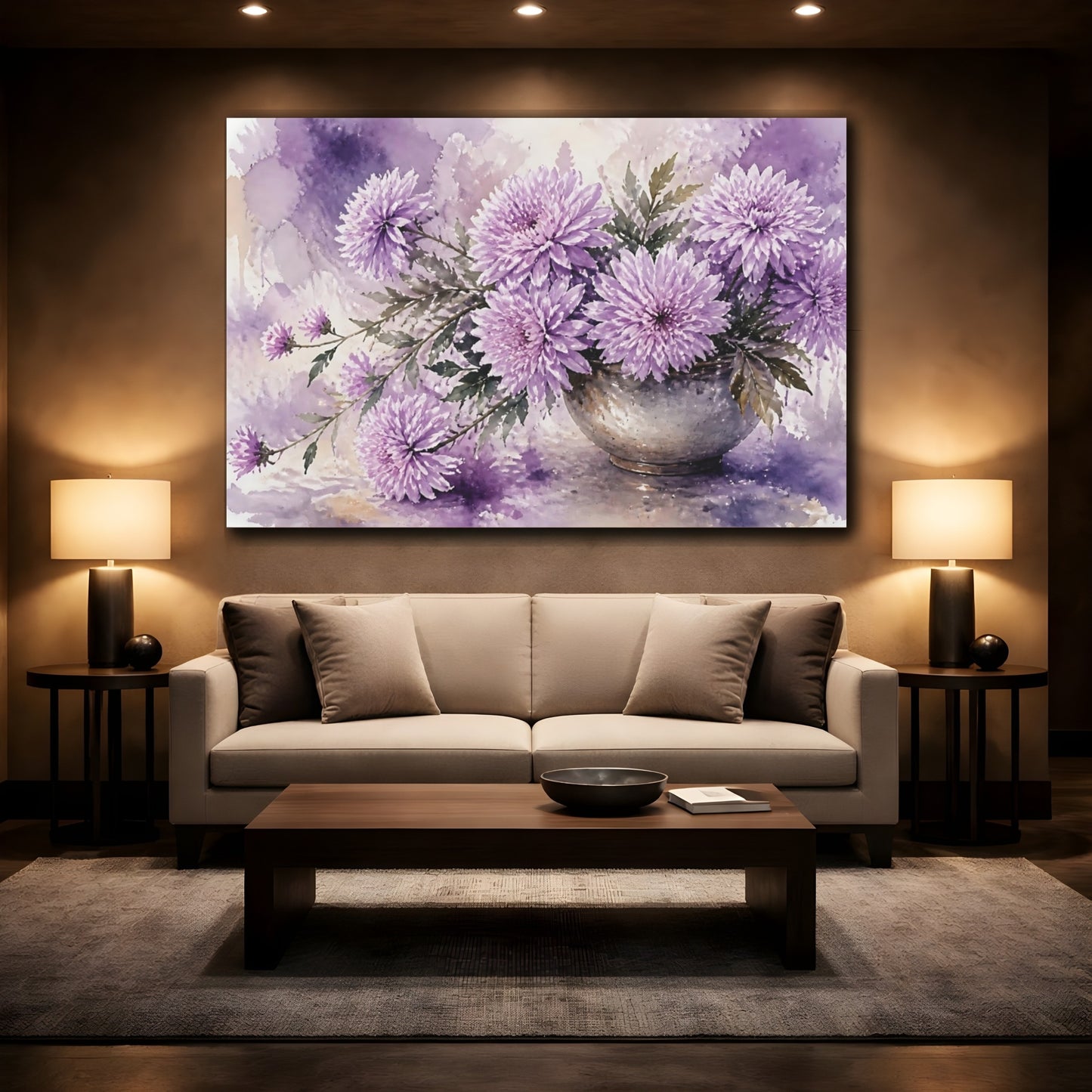 Mockup 2. Floral Chrysanthemum Flowers Purple Floral shown as stretched canvas wall art