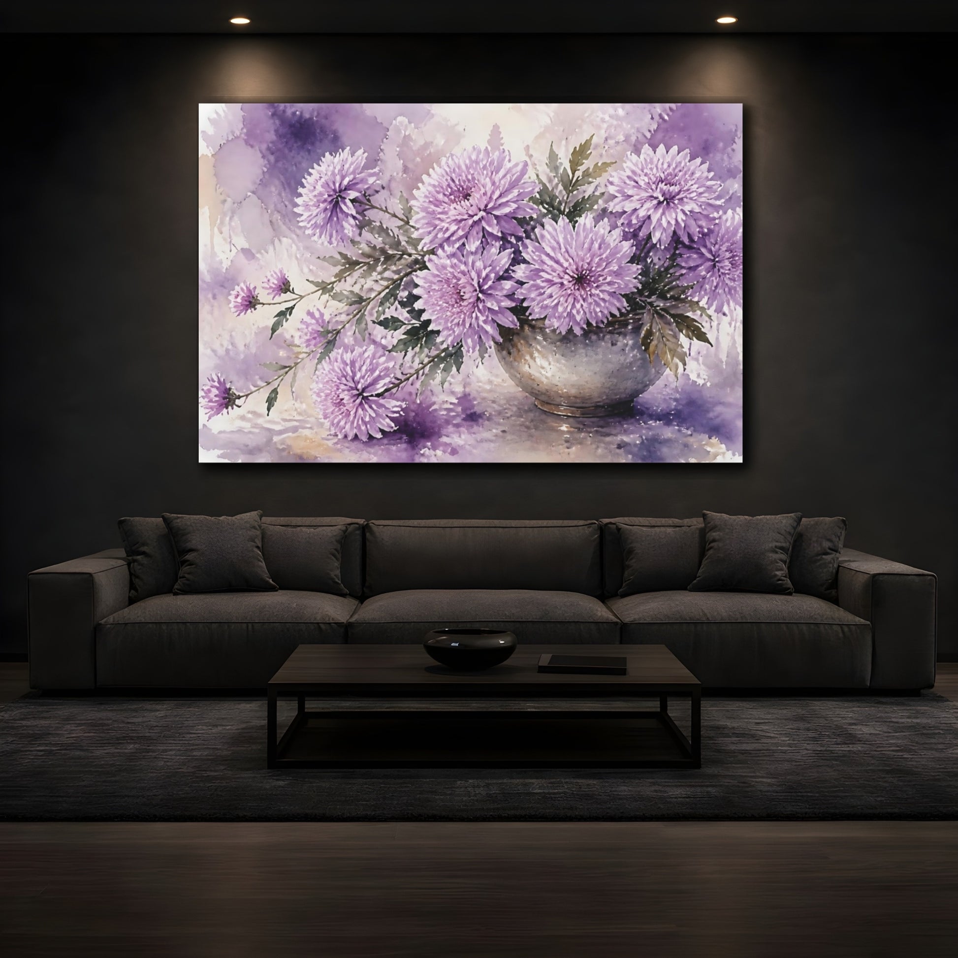 Mockup 3. Floral Chrysanthemum Flowers Purple Floral shown as stretched canvas wall art